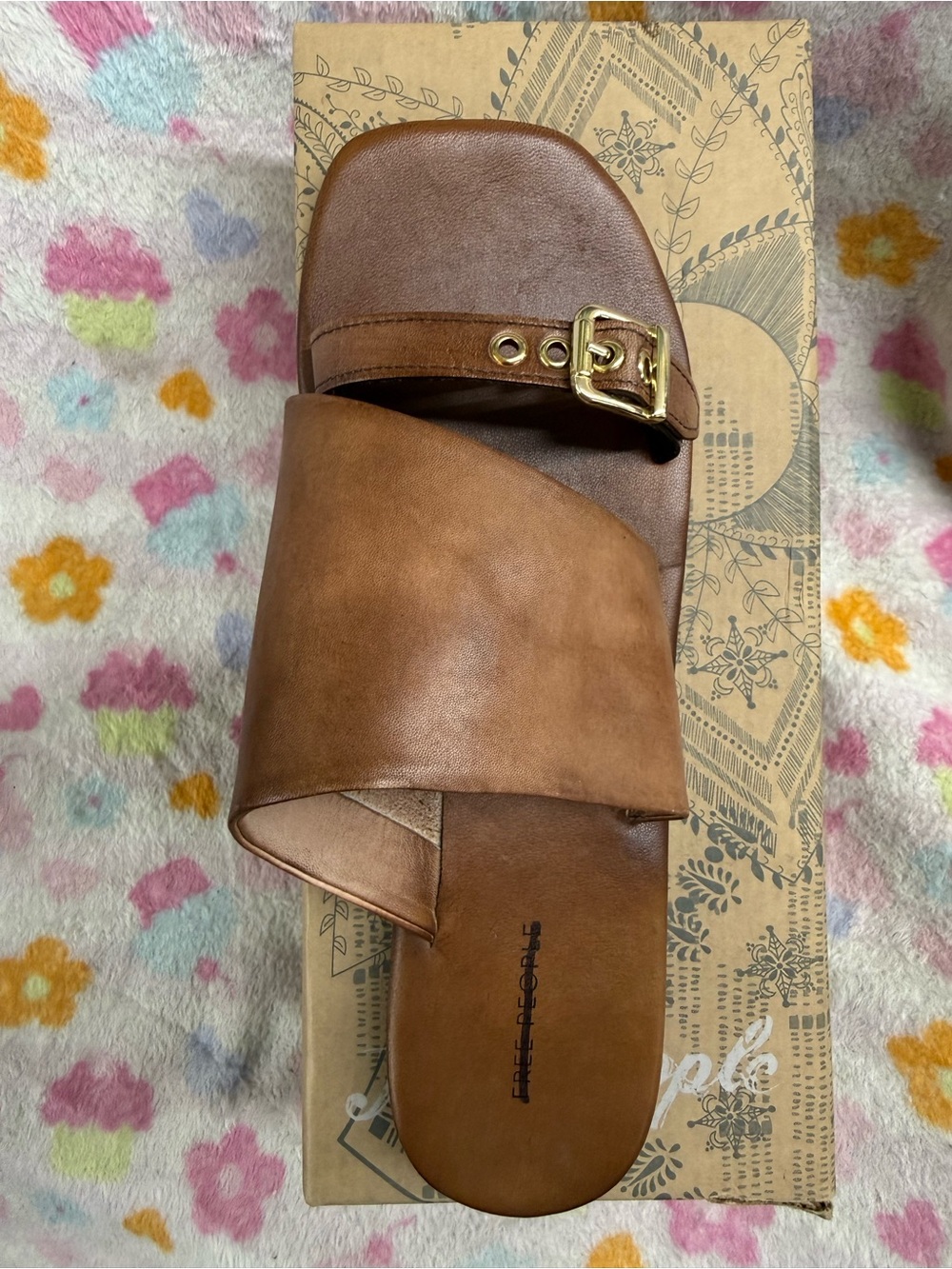 Free People Mila Minimal Flat Tan Brown Leather Slide Sandals with Buckle Accent